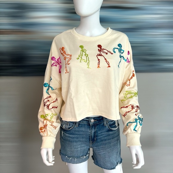 PEACH LOVE CALIFORNIA skeleton French terry crop top S M L - Picture 4 of 8